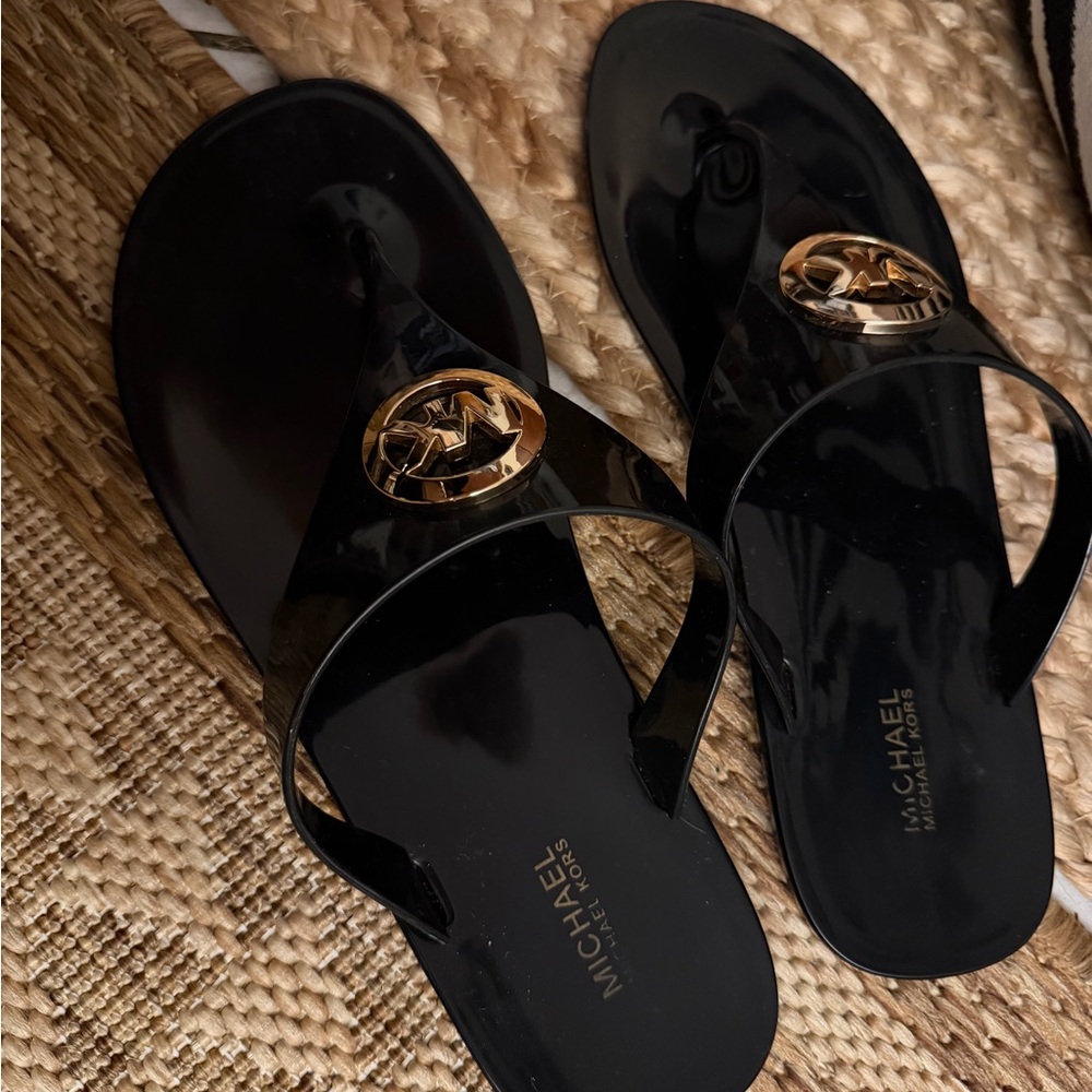 Michael Kors Glossy Black Sandals with Gold Logo